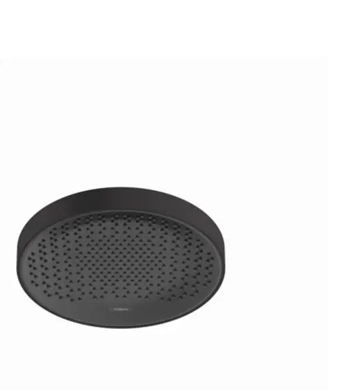 Schwarzer Duschkopf mit einem flachen, runden Design und vielen kleinen Löchern für Wasserstrahlen, hergestellt von Hansgrohe.